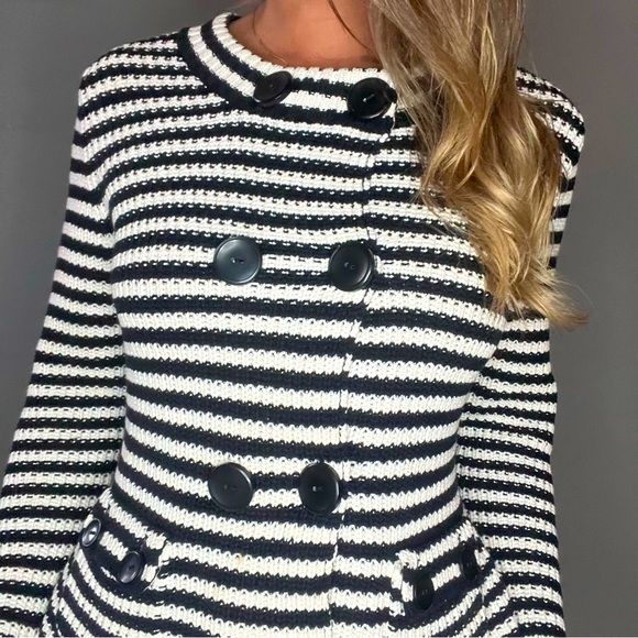 TALBOTS 100% Mercerized Cotton Black and White Stripe Knit Cardigan Sweater - Picture 2 of 6